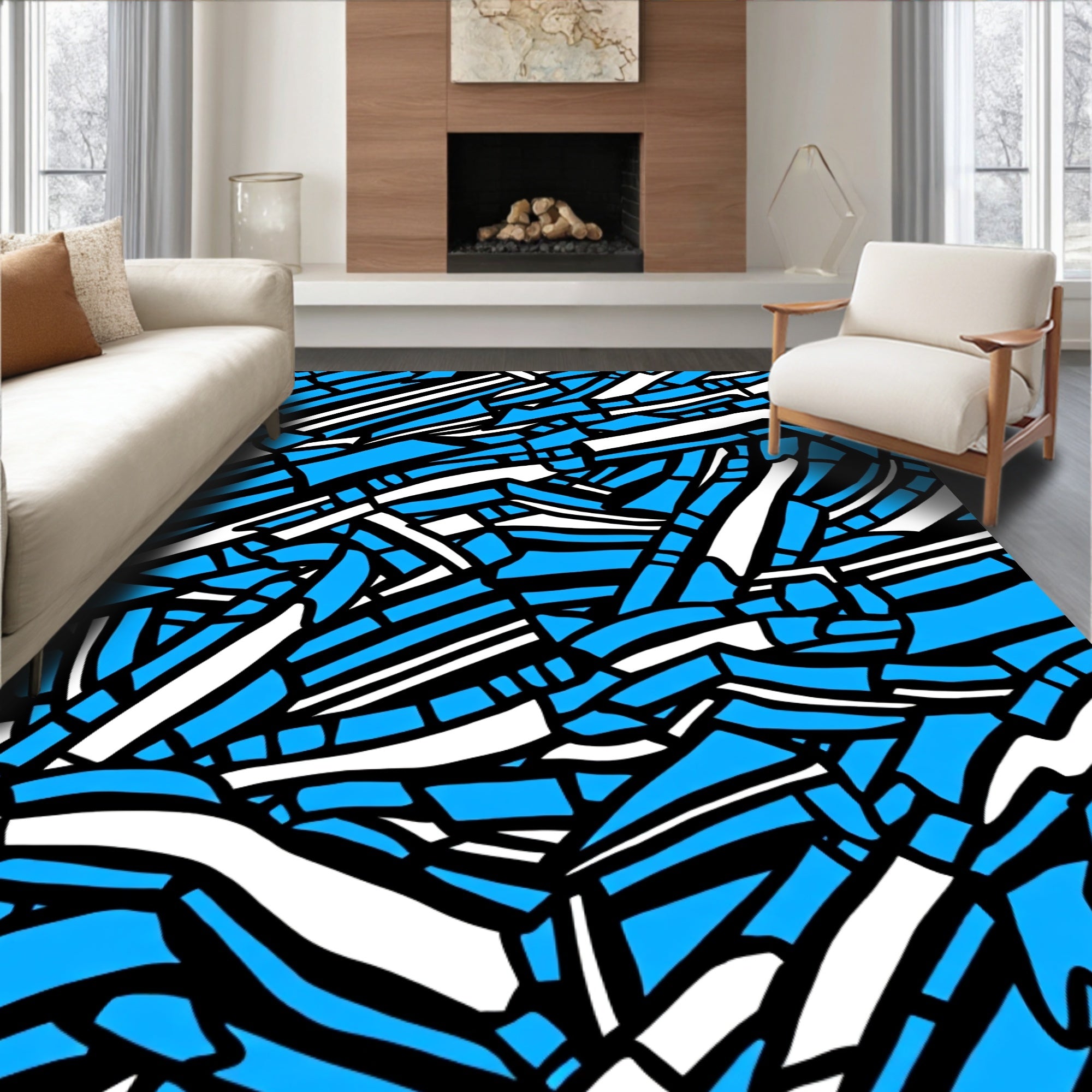 Vibrant Blue White Abstract Stripe Rug