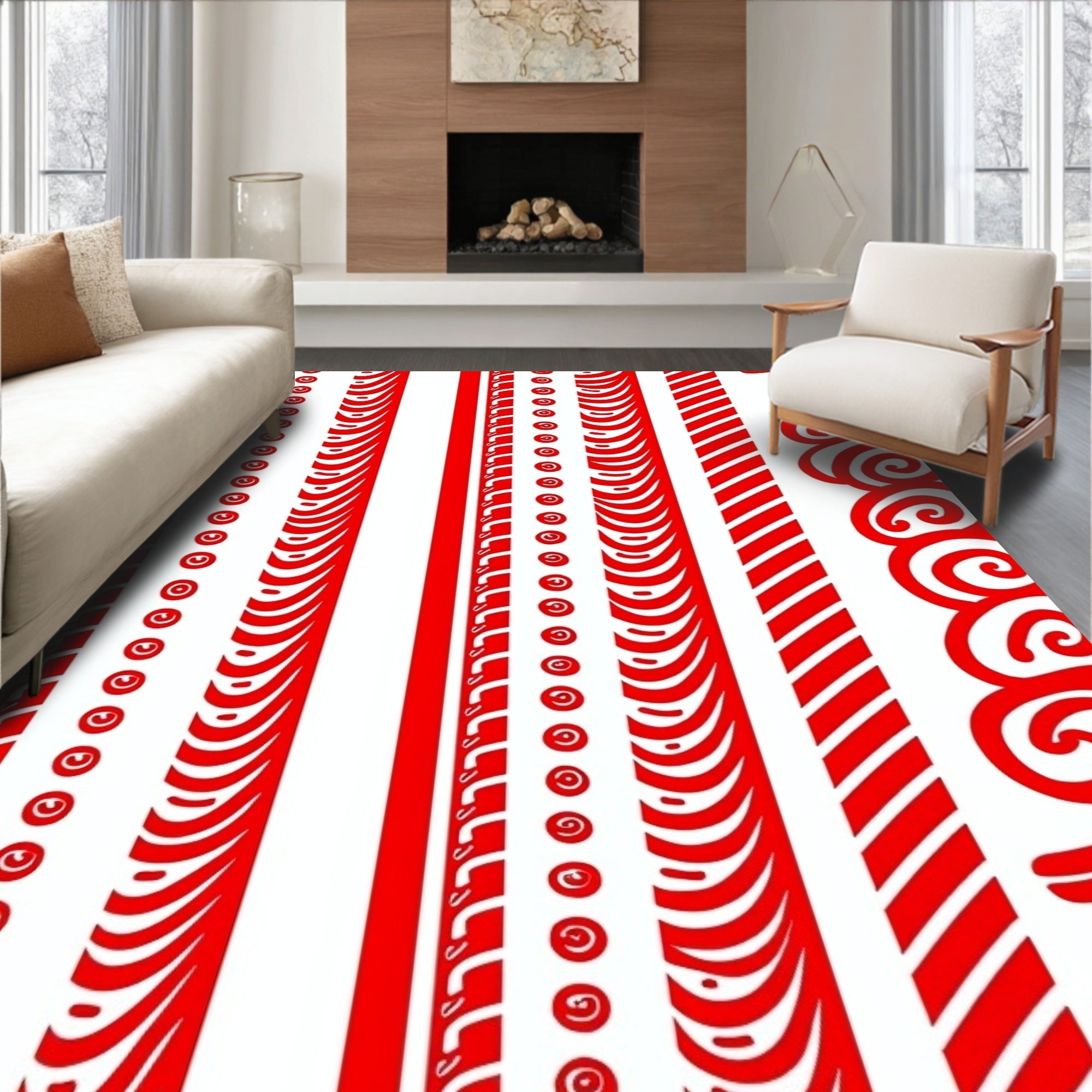 Bold Red Stripe And Swirl Borders Rug