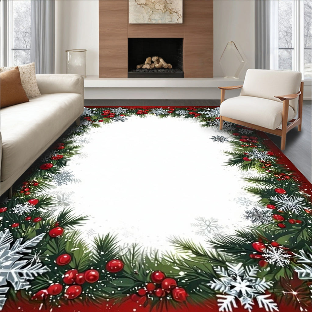 Festive Red White Snowflakes Border Rug