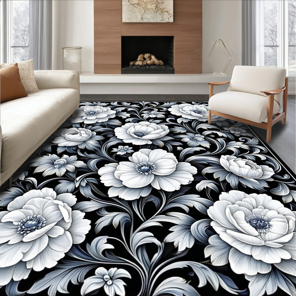 Monochromatic Floral Scroll Pattern Rug