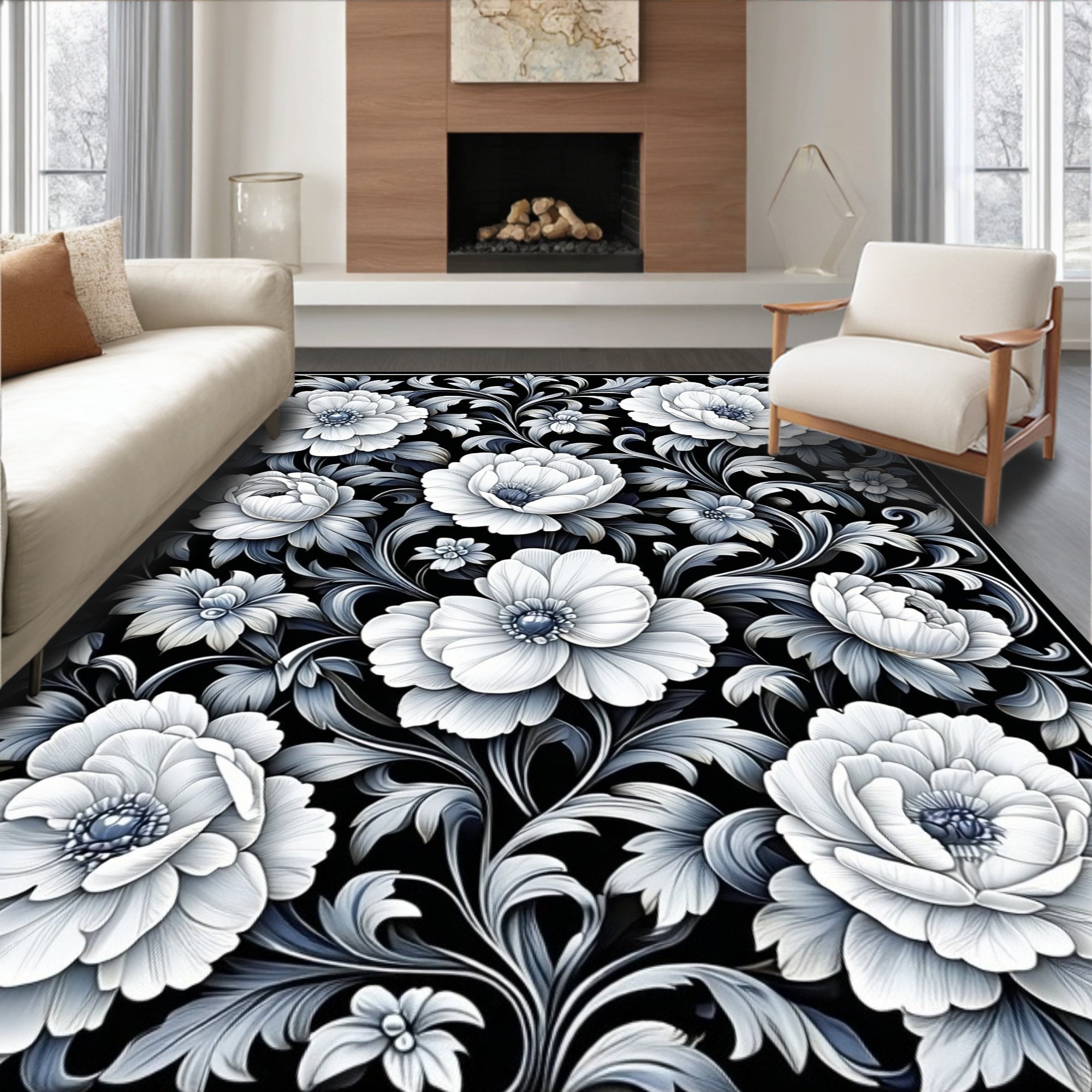 Monochromatic Floral Scroll Pattern Rug