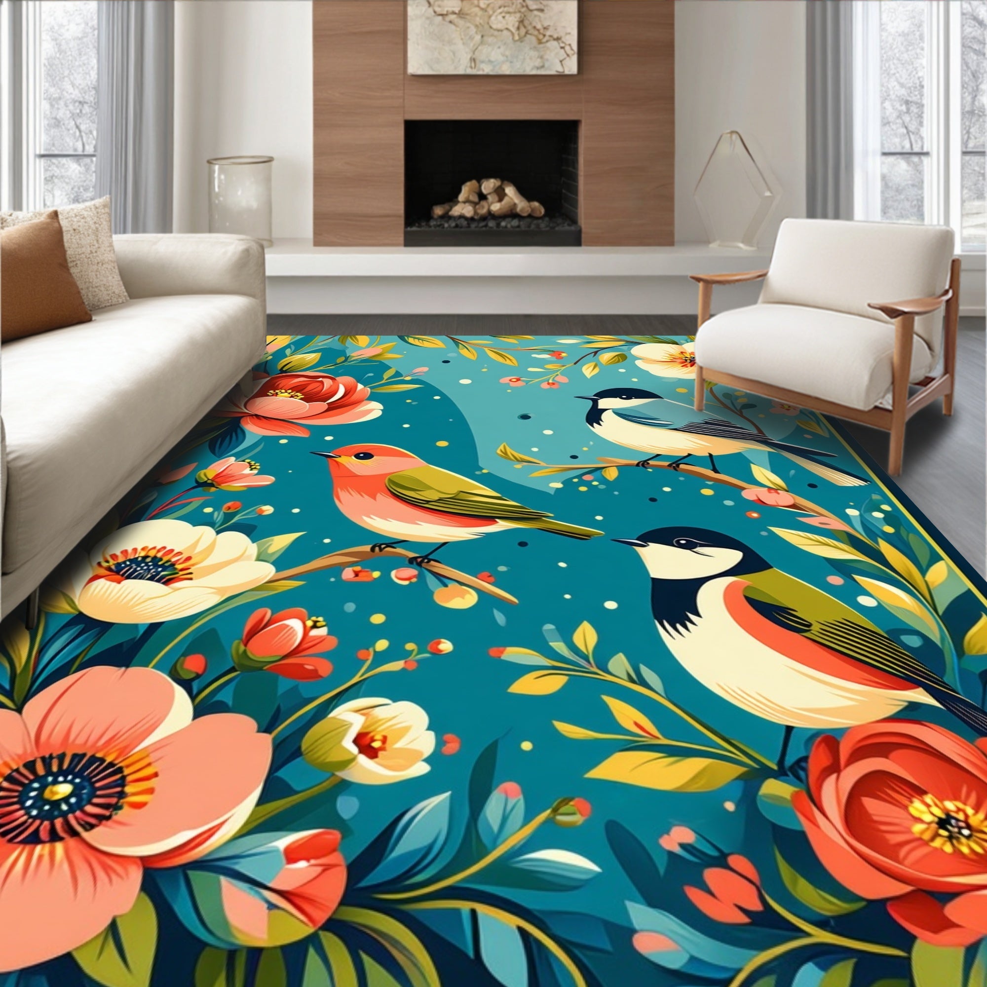 Whimsical Birds Floral Garden Design Rug
