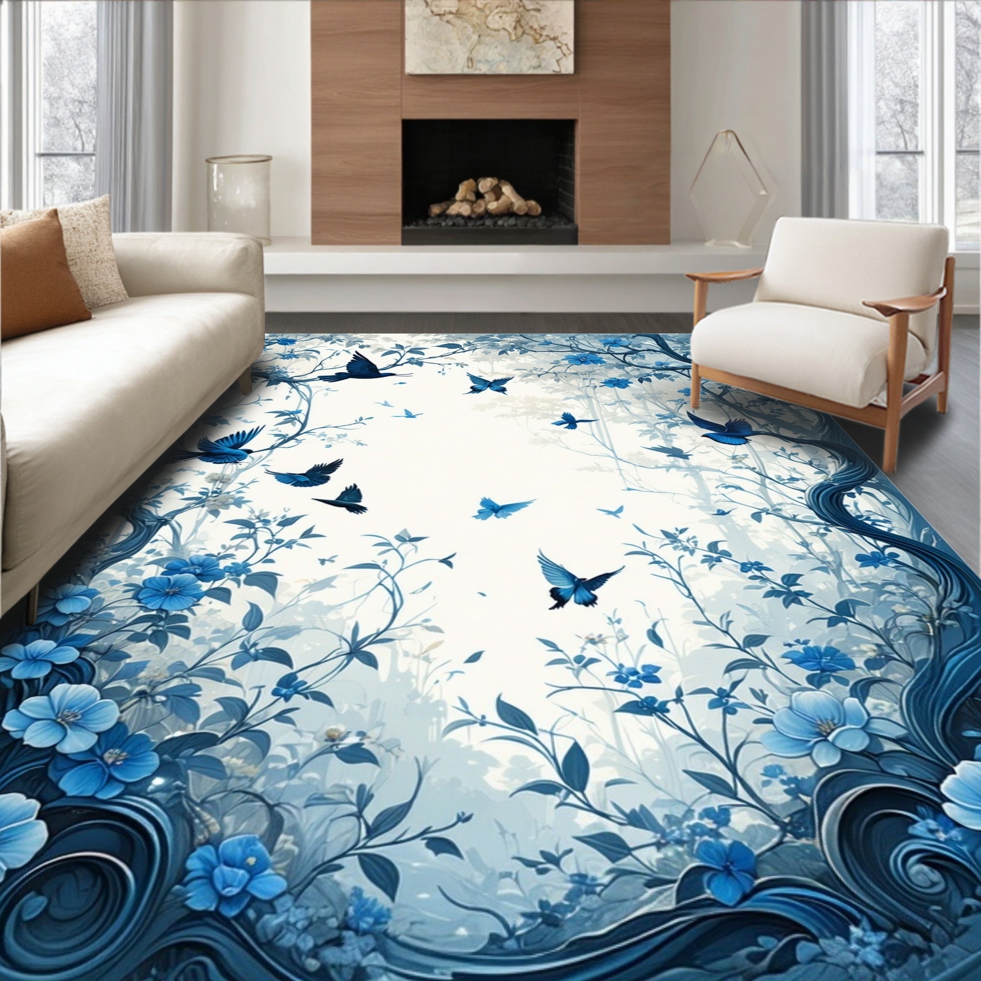Enchanted Blue Floral and Bird Art Rug