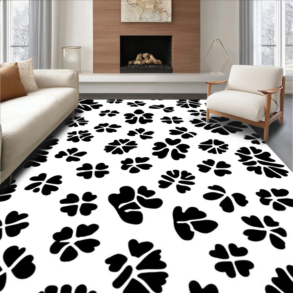 Bold Floral Motif Black White Rug
