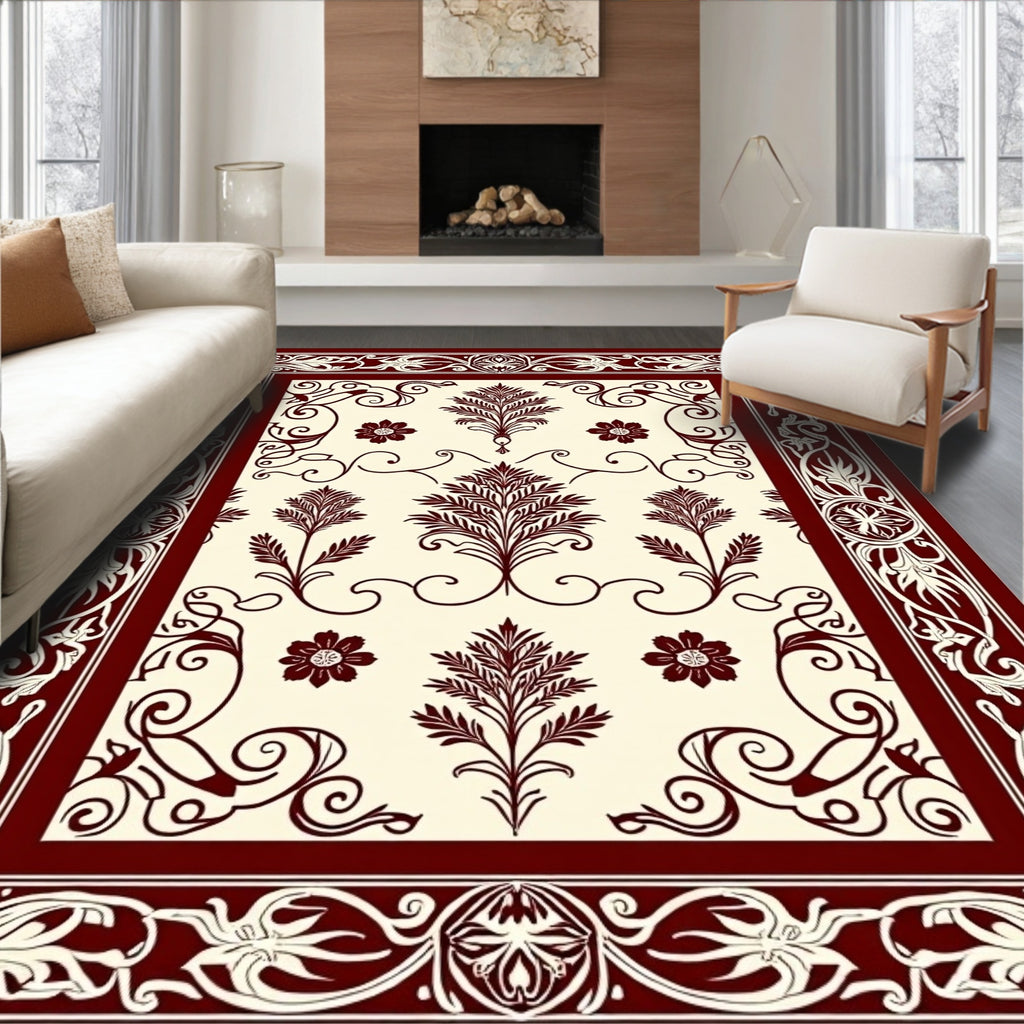 Rich Burgundy Floral Scroll Border Rug