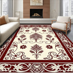 Rich Burgundy Floral Scroll Border Rug