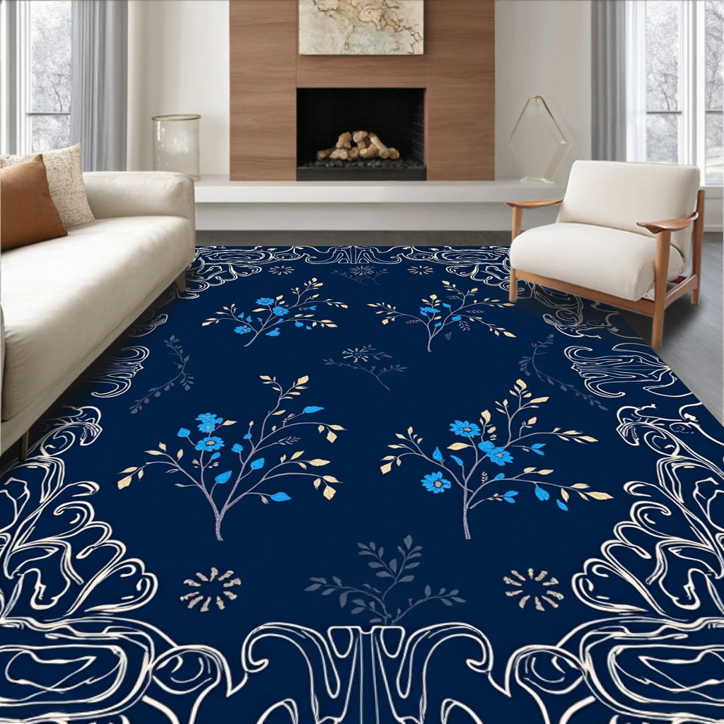 Elegant Blue Floral Vine Border Pattern Rug