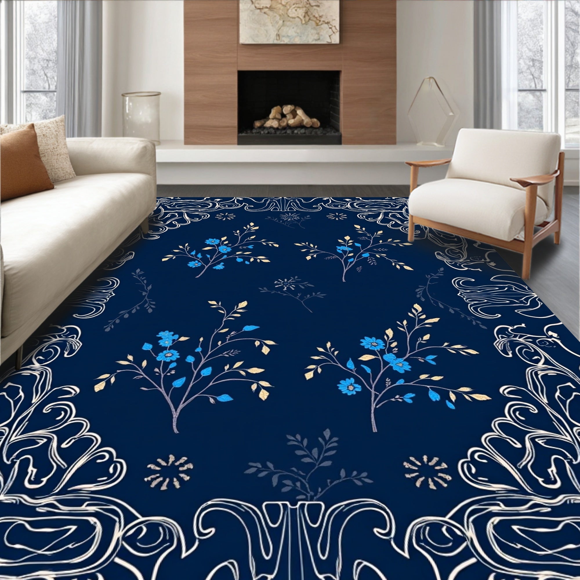 Elegant Blue Floral Vine Border Pattern Rug