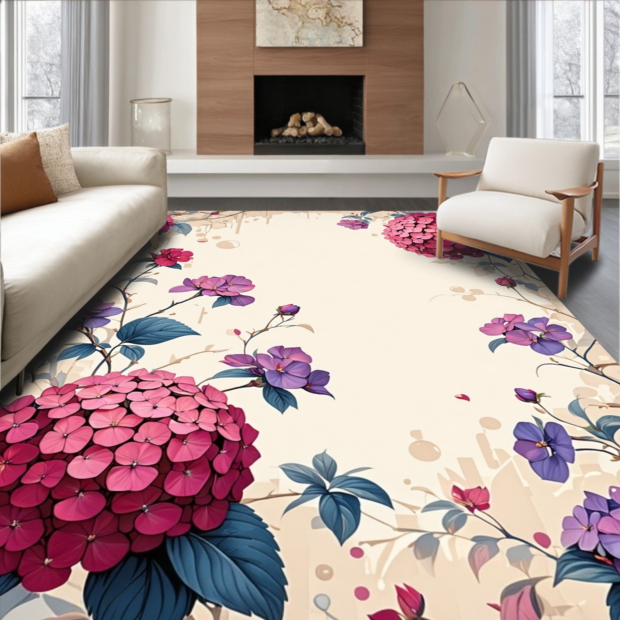 Vibrant Floral Hydrangea Botanical Pattern Rug