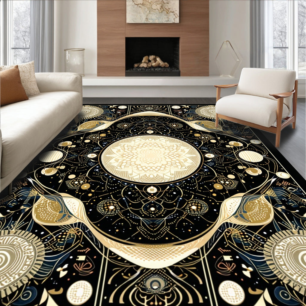 Intricate Golden Celestial Pattern Rug
