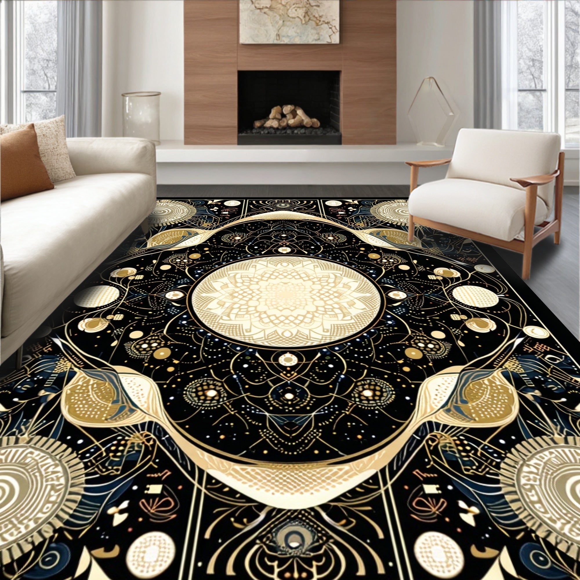 Intricate Golden Celestial Pattern Rug