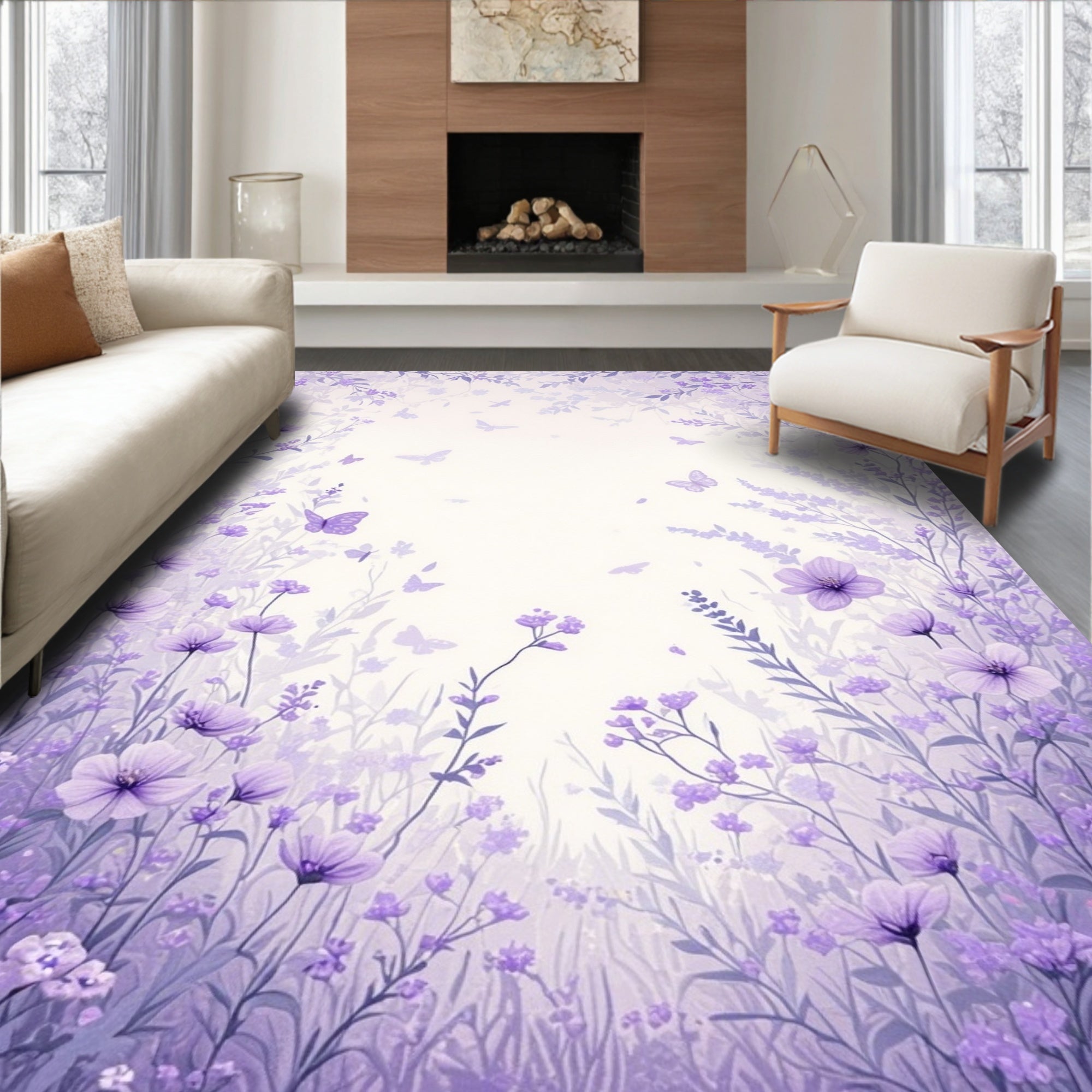 Purple Floral Meadow Butterfly Design Rug