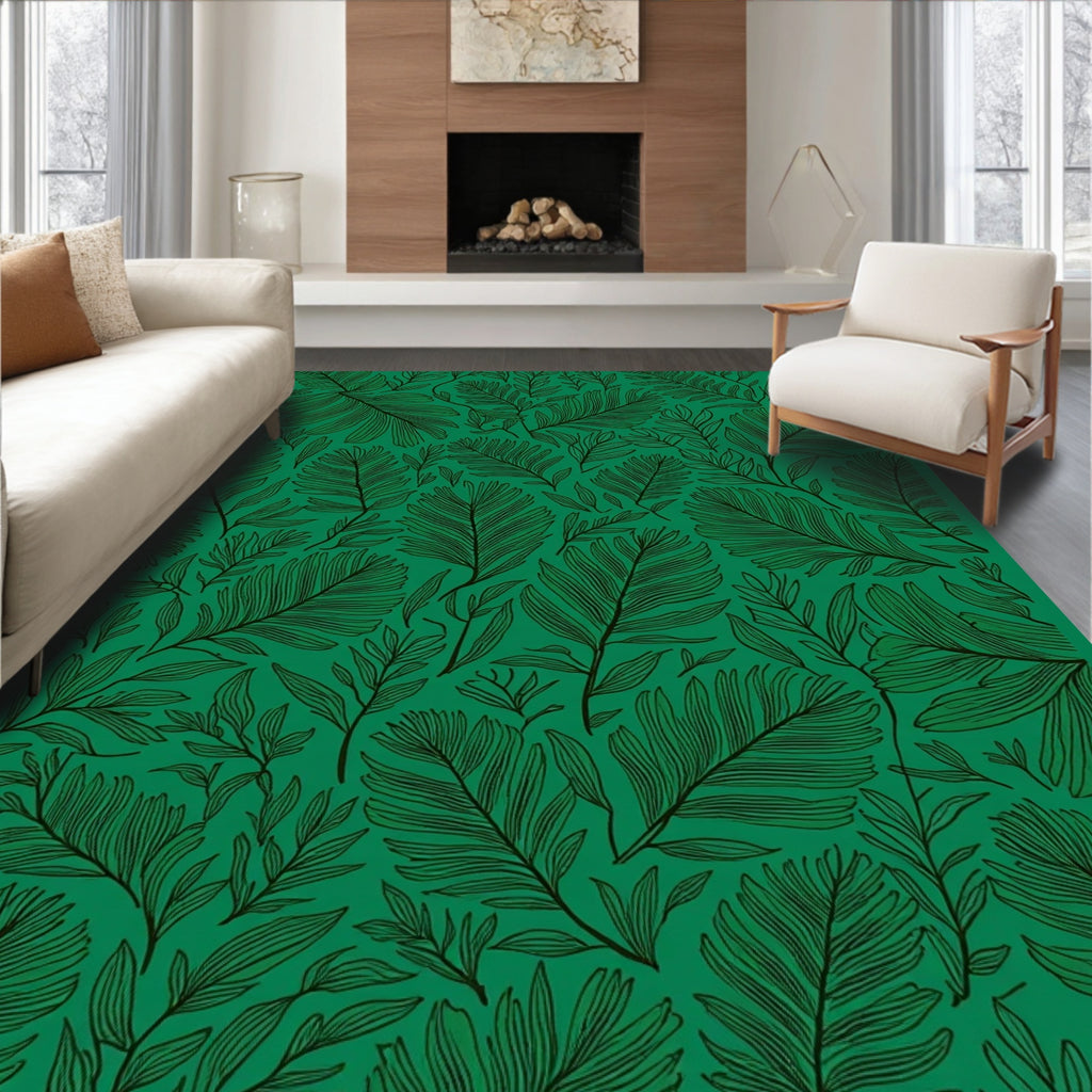 Emerald Lush Leaf Outline Pattern Rug