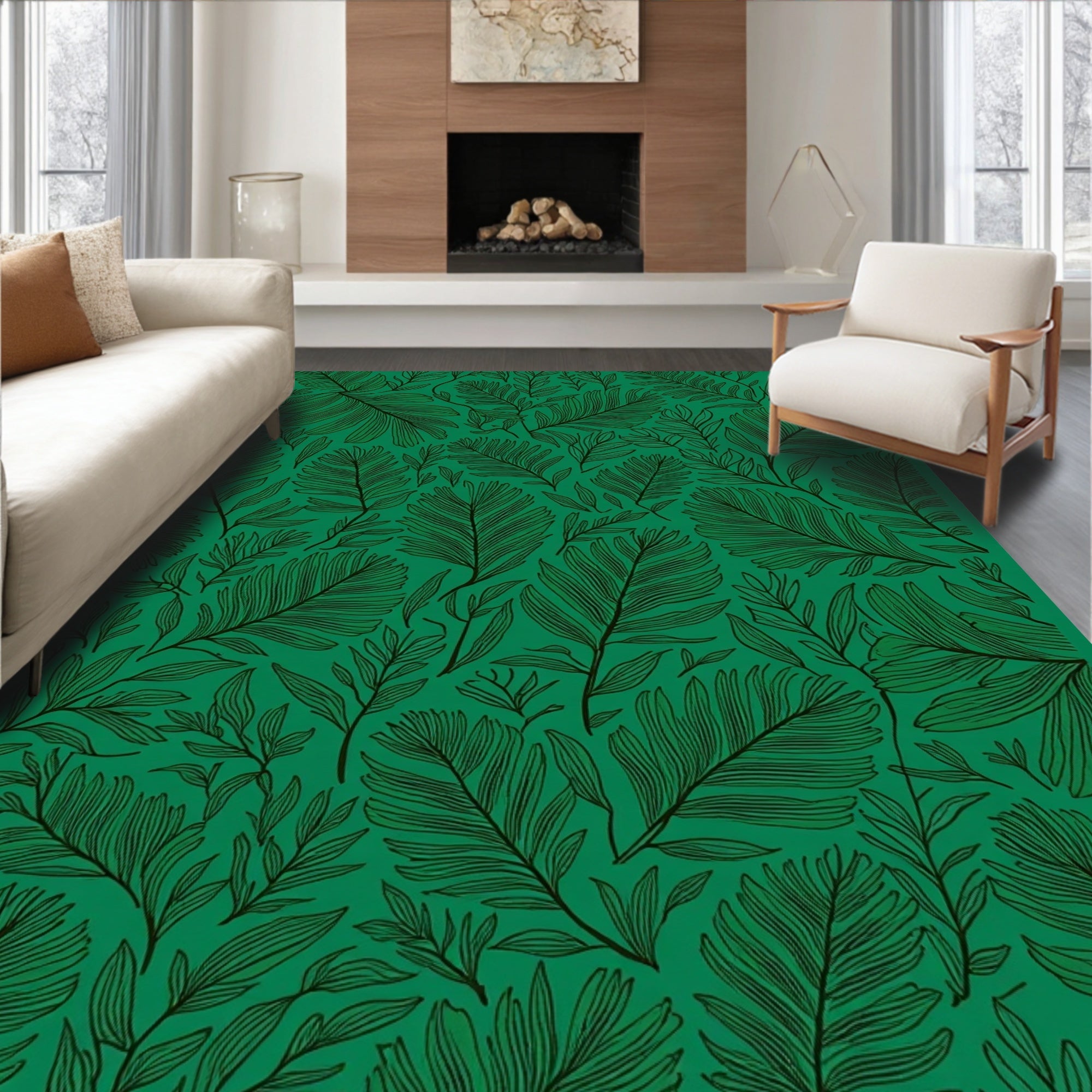 Emerald Lush Leaf Outline Pattern Rug