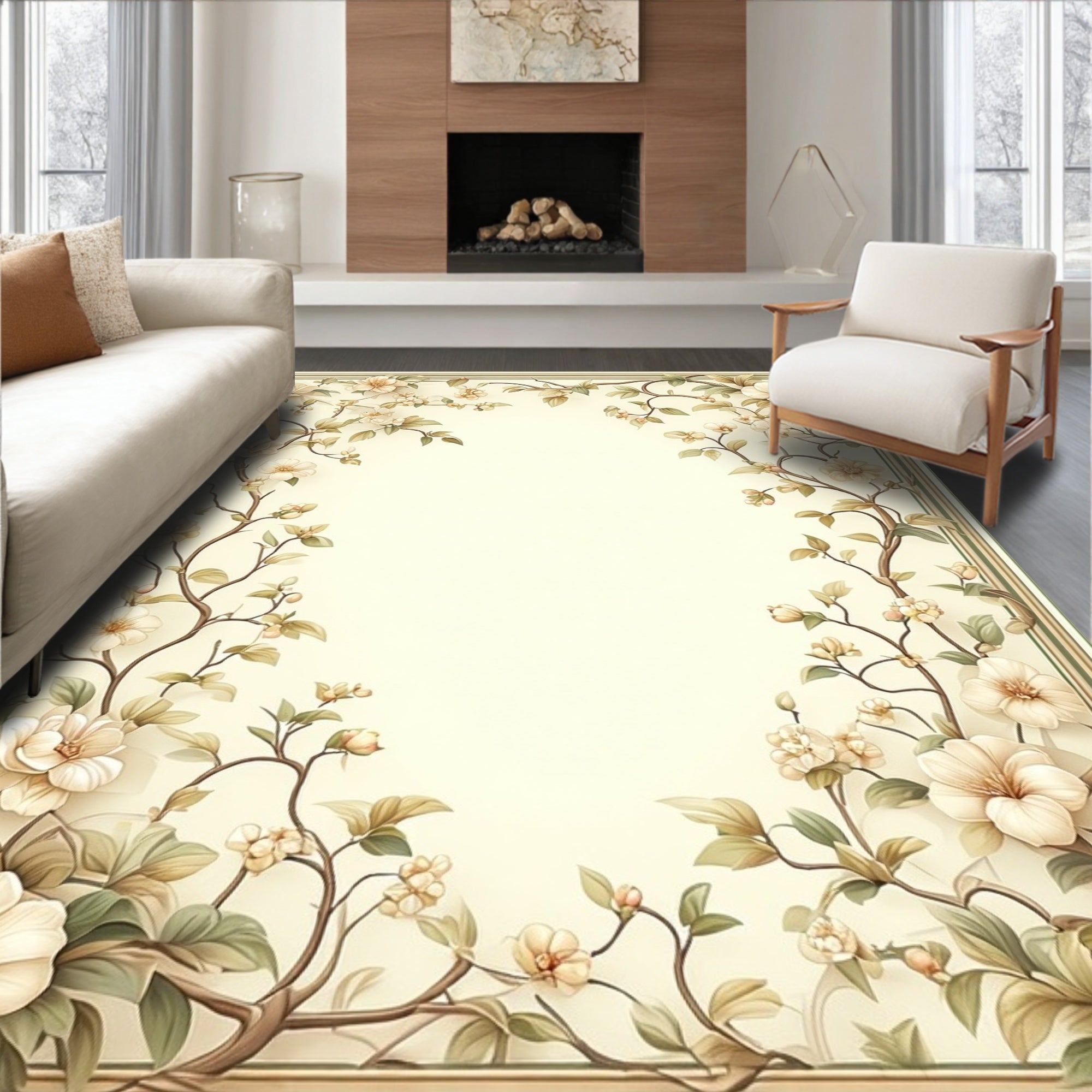 Cream Botanical Vines Decorative Rug