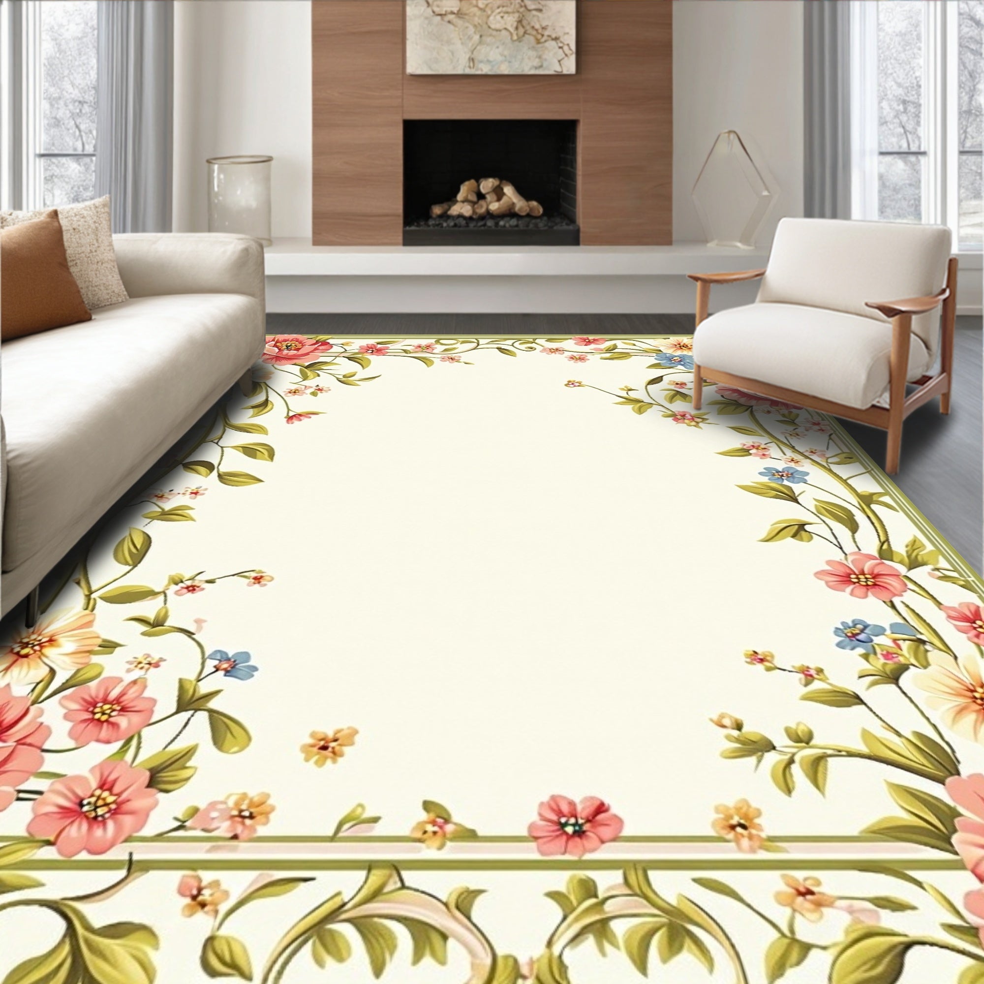Vintage Floral Vine Border Pattern Rug