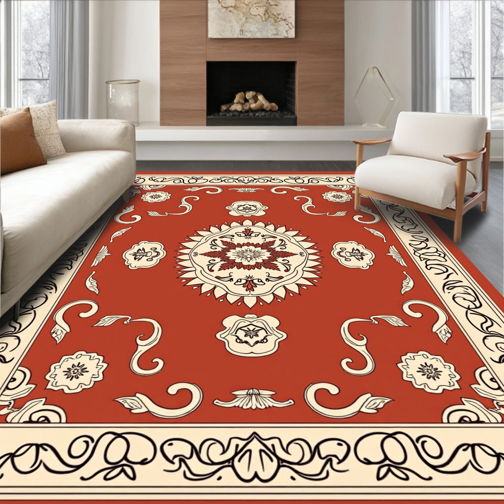 Terracotta Floral Scroll Detailed Pattern Rug