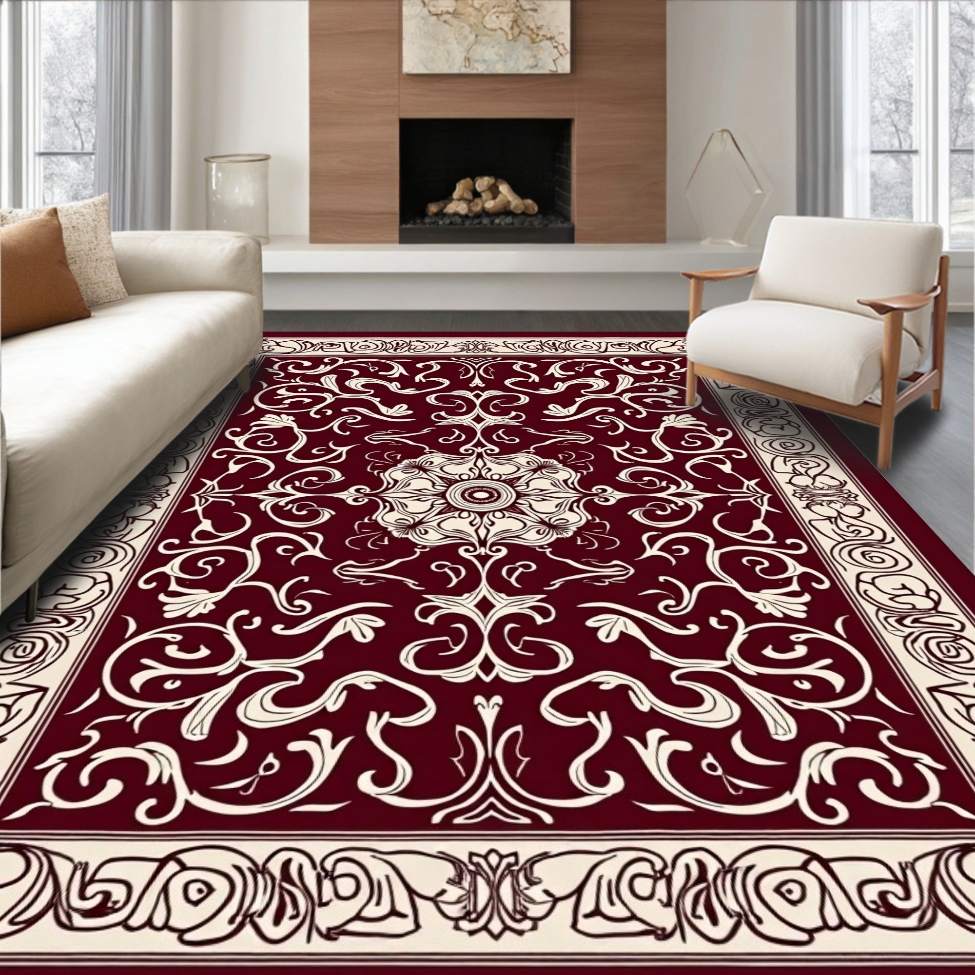 Ornate Floral Swirls and Border Design Rug
