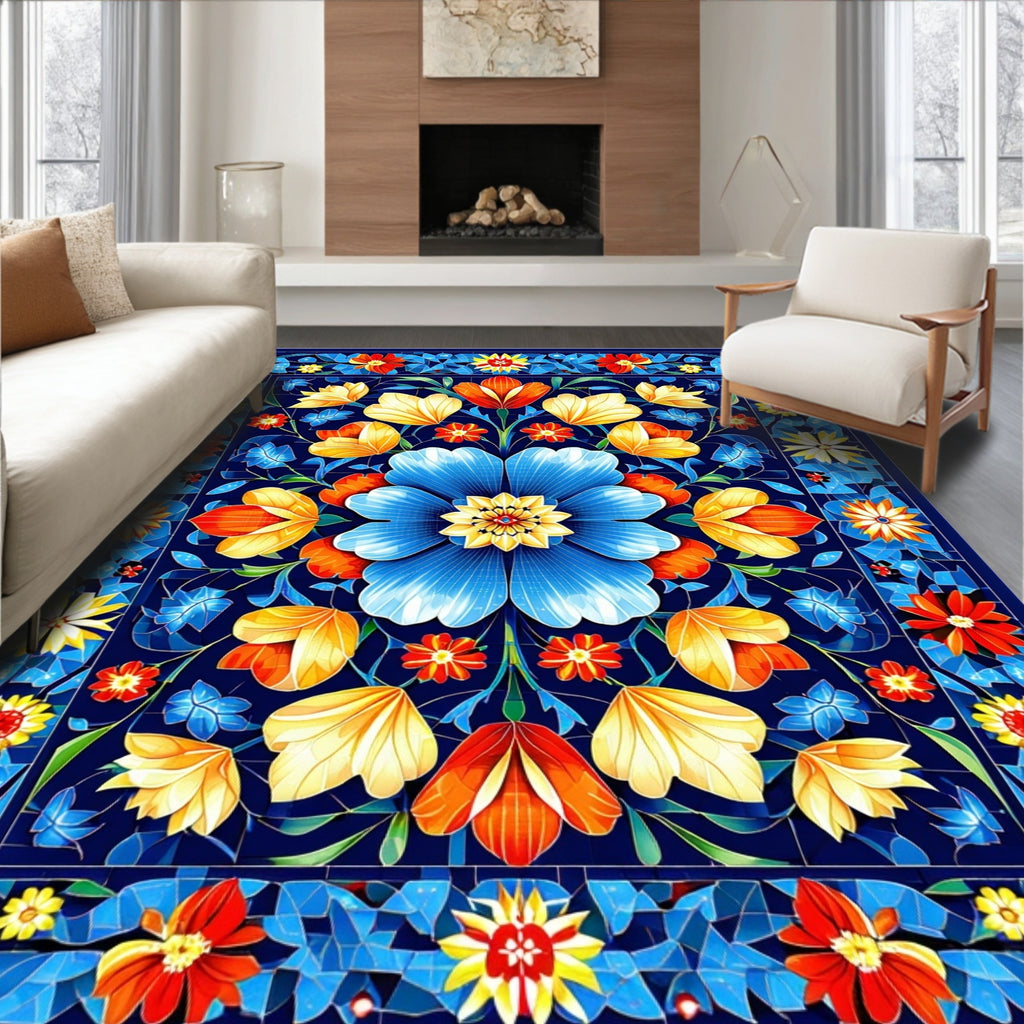 Vibrant Floral Mandala Tile Design Rug