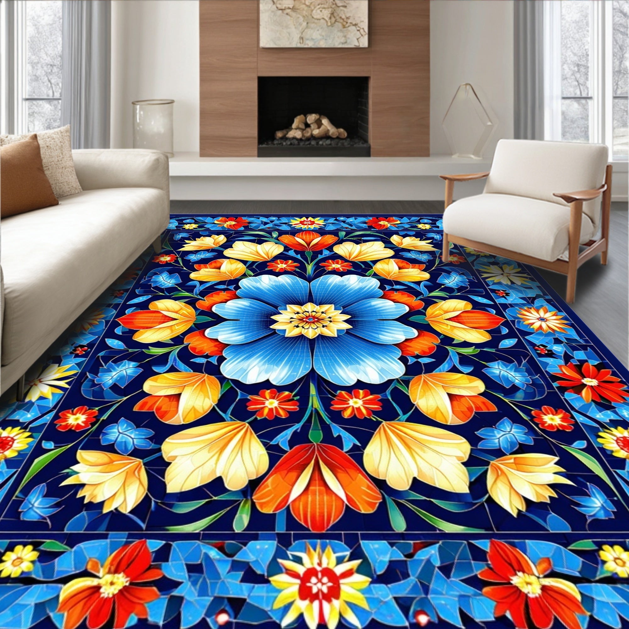 Vibrant Floral Mandala Tile Design Rug