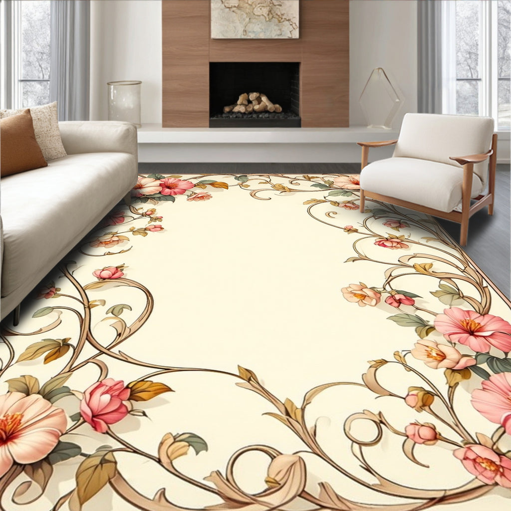 Floral Scrollwork Pink and Beige Rug
