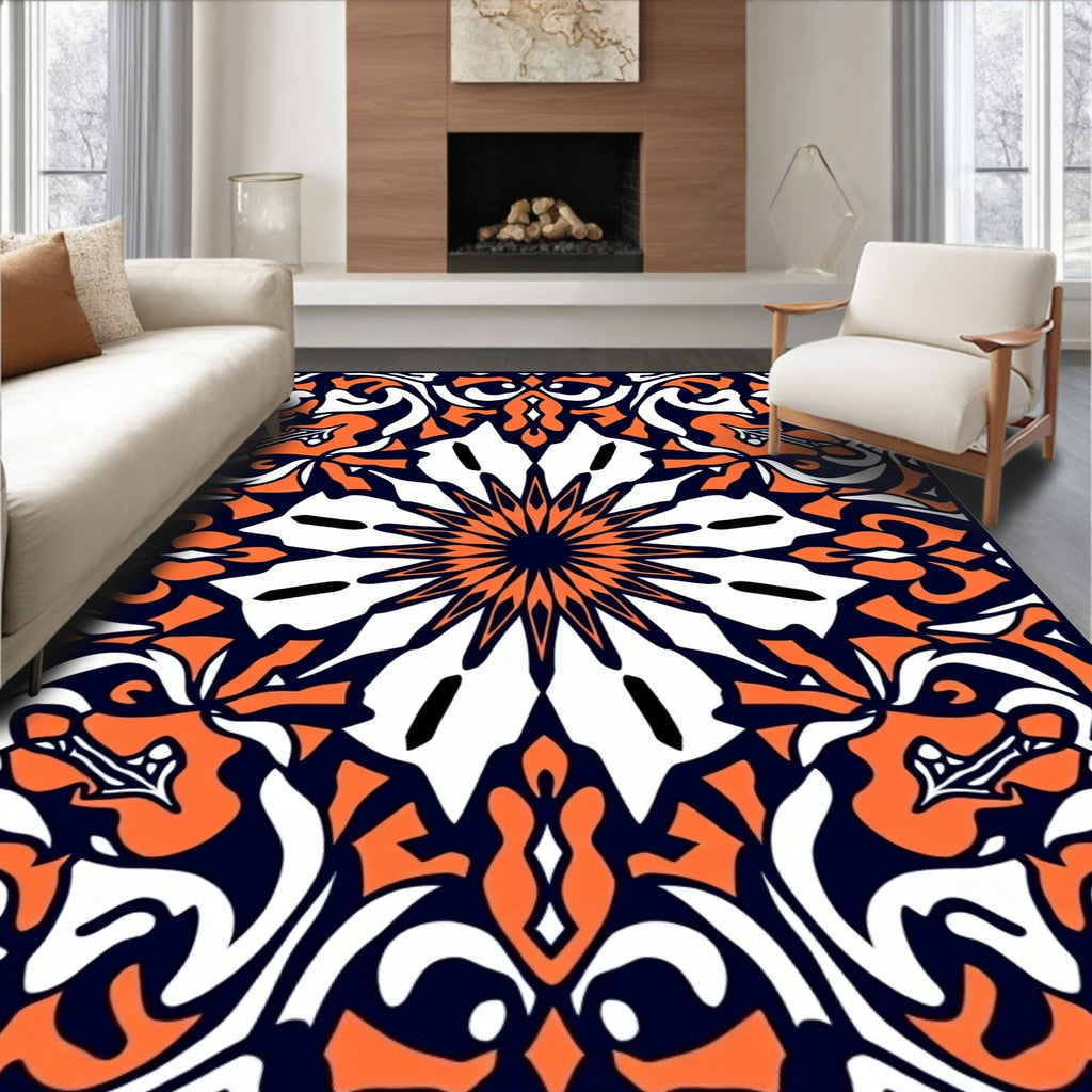 Symmetrical Orange White Navy Floral Pattern Rug