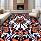 Symmetrical Orange White Navy Floral Pattern Rug