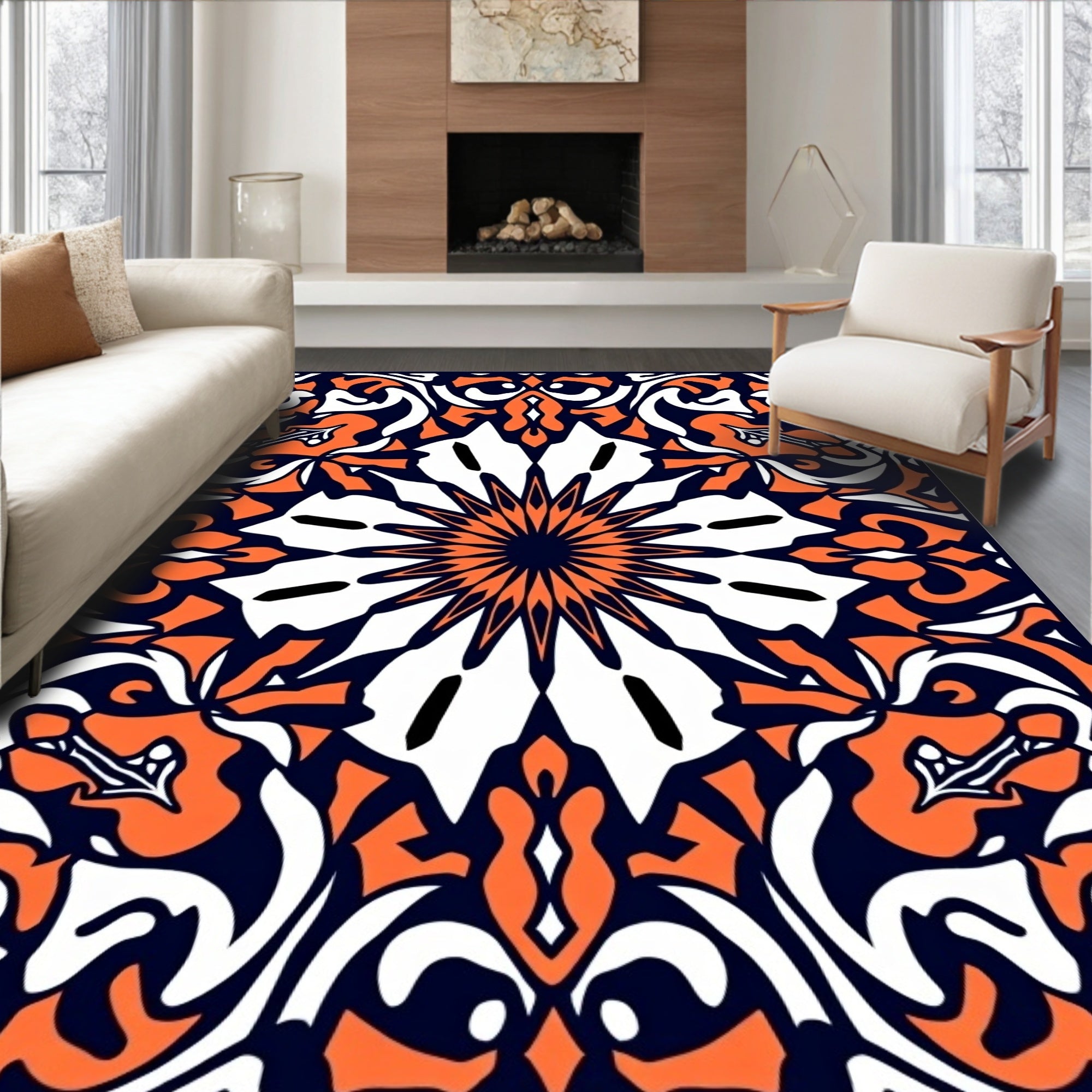 Symmetrical Orange White Navy Floral Pattern Rug