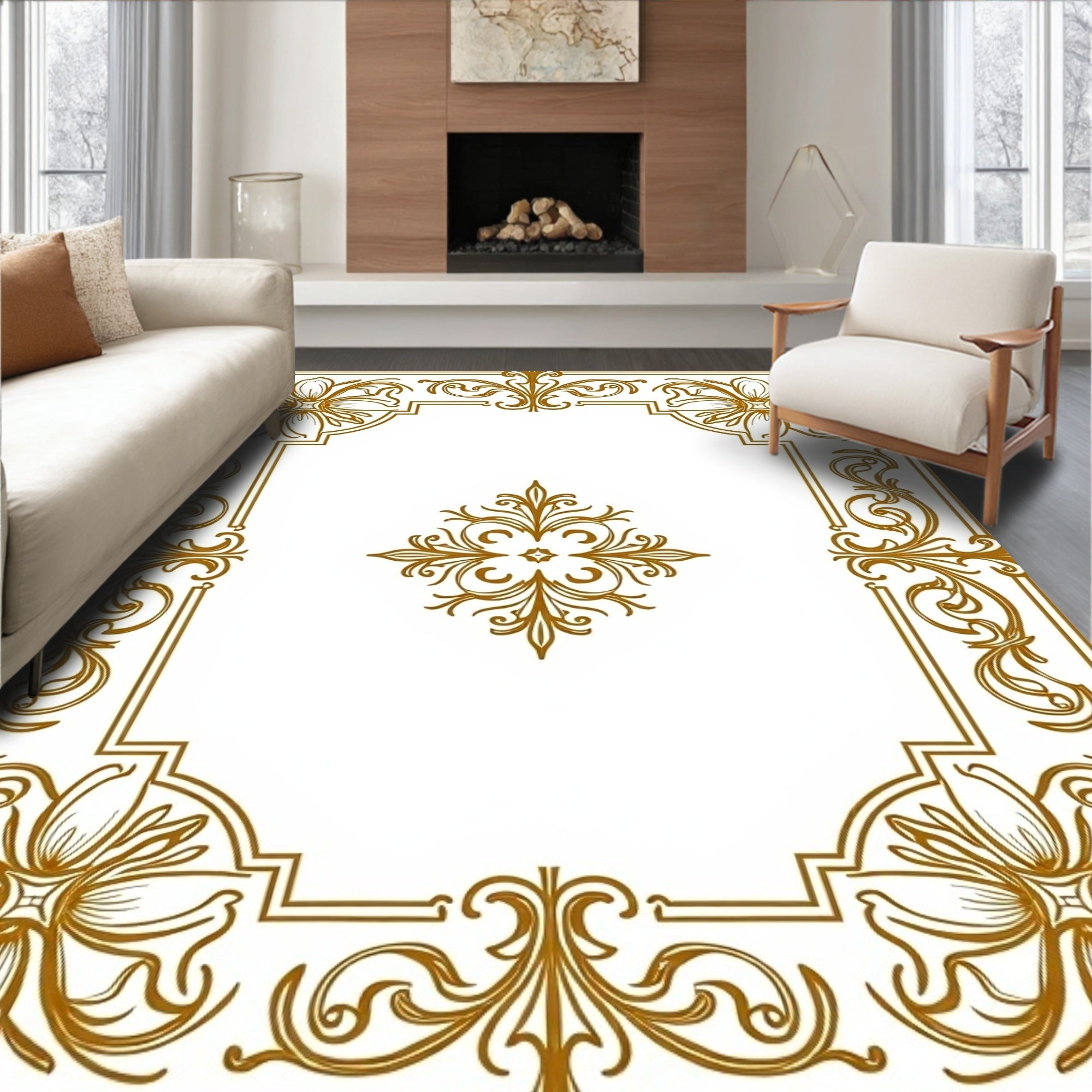 Gold Floral Acanthus Border Rug