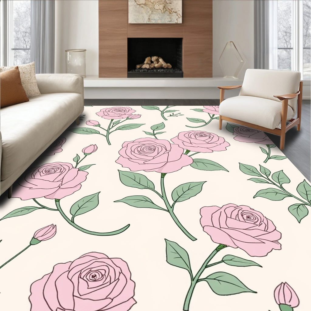 Pink Floral Stem Pattern Design Rug