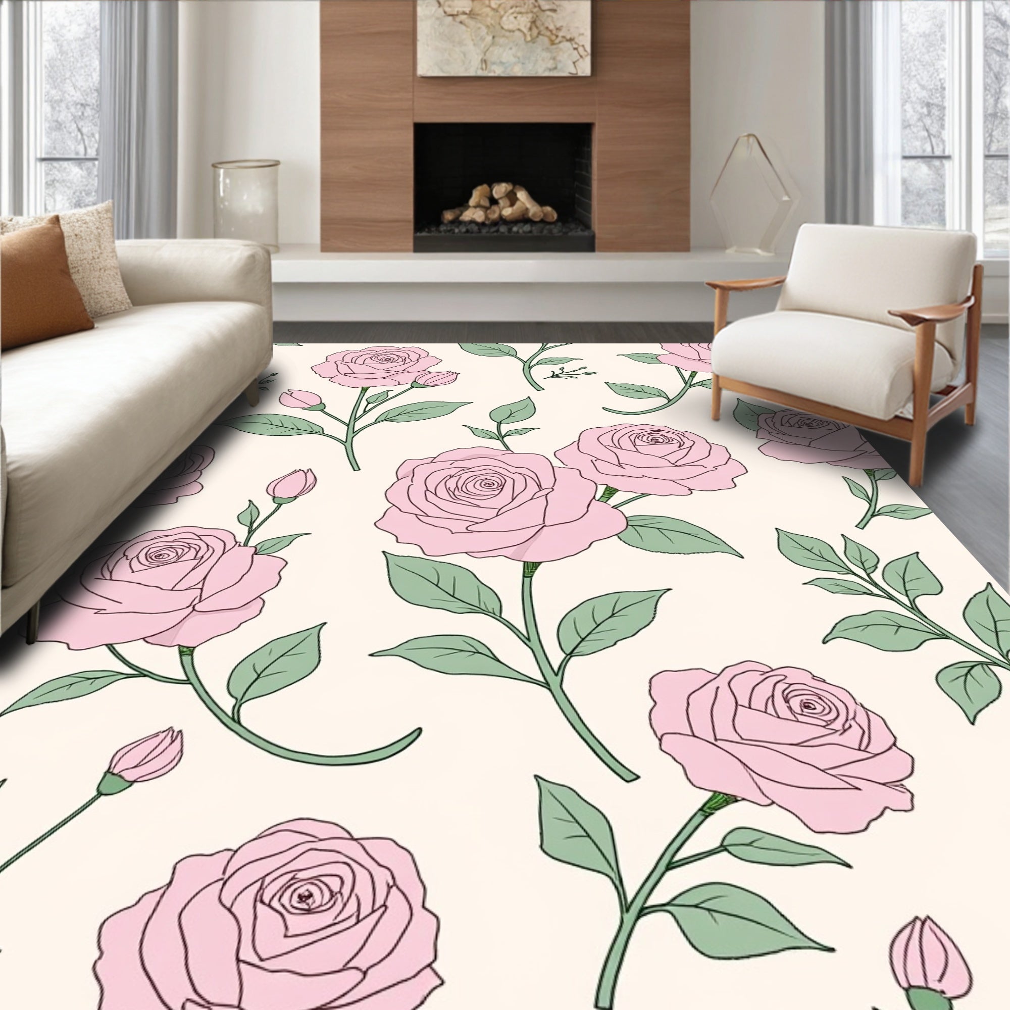 Pink Floral Stem Pattern Design Rug