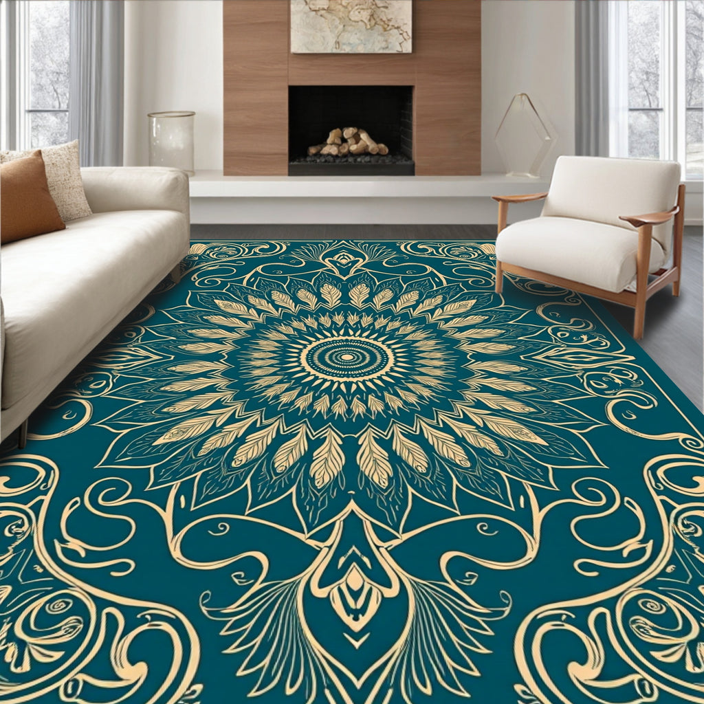 Intricate Teal Golden Mandala Design Rug