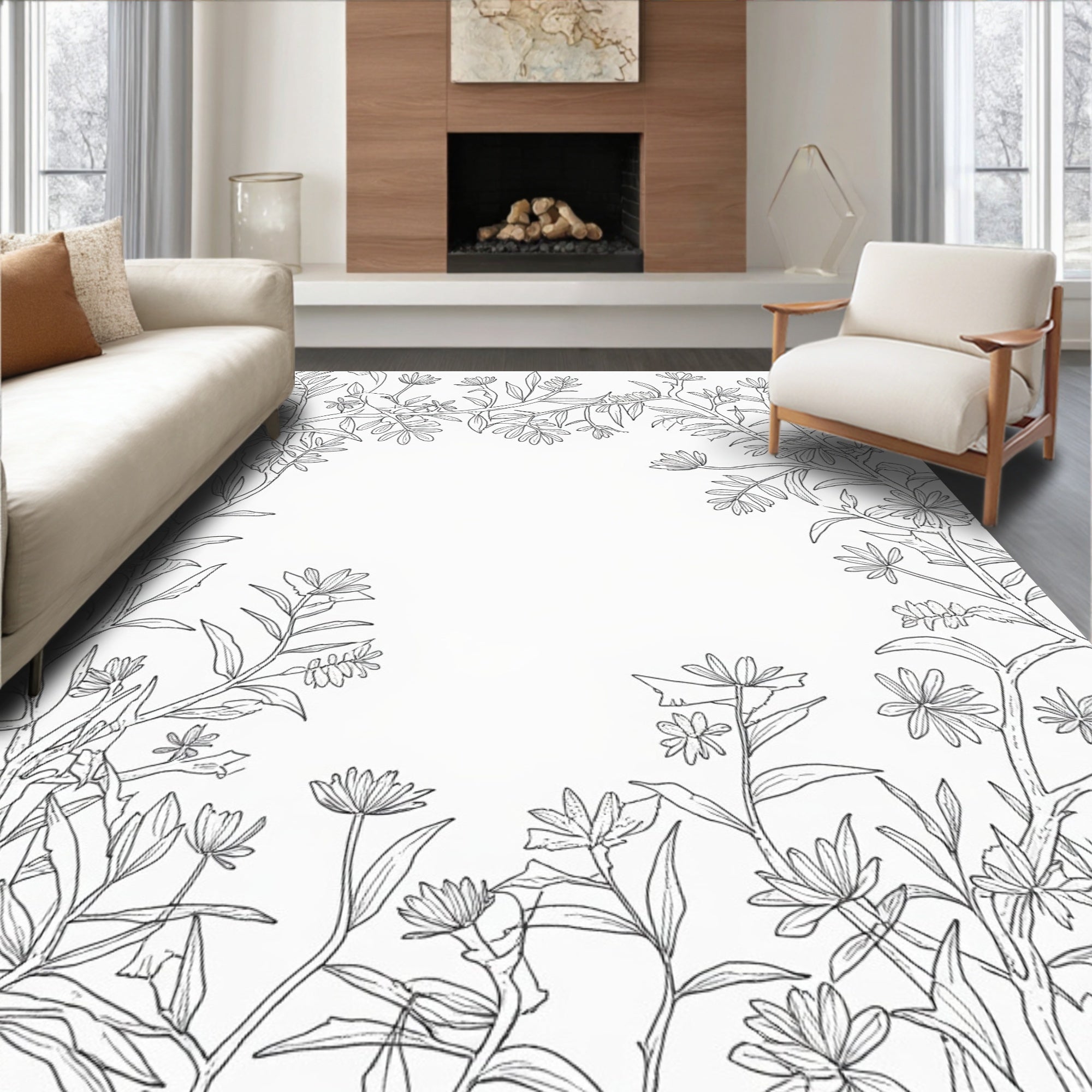 Branching Floral Outline Garden Pattern Rug