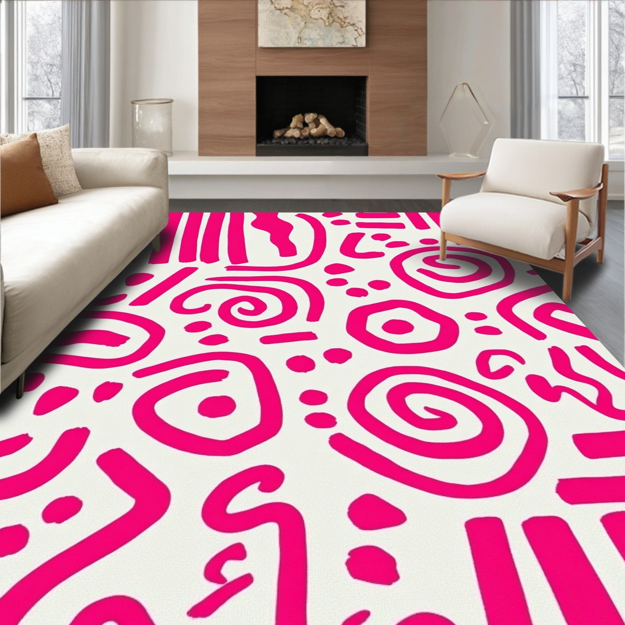 Bright Pink Abstract Doodle Design Rug