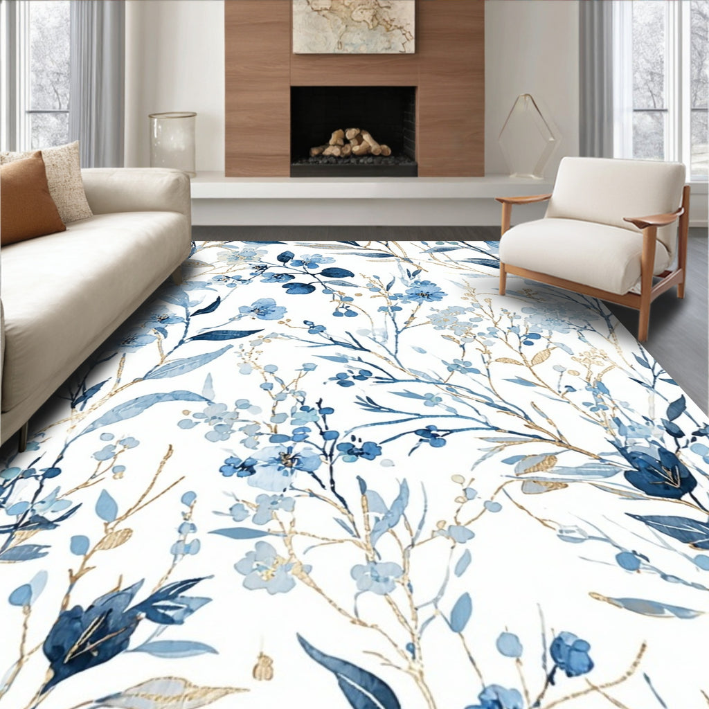 Blue Floral Botanical Pattern Design Rug