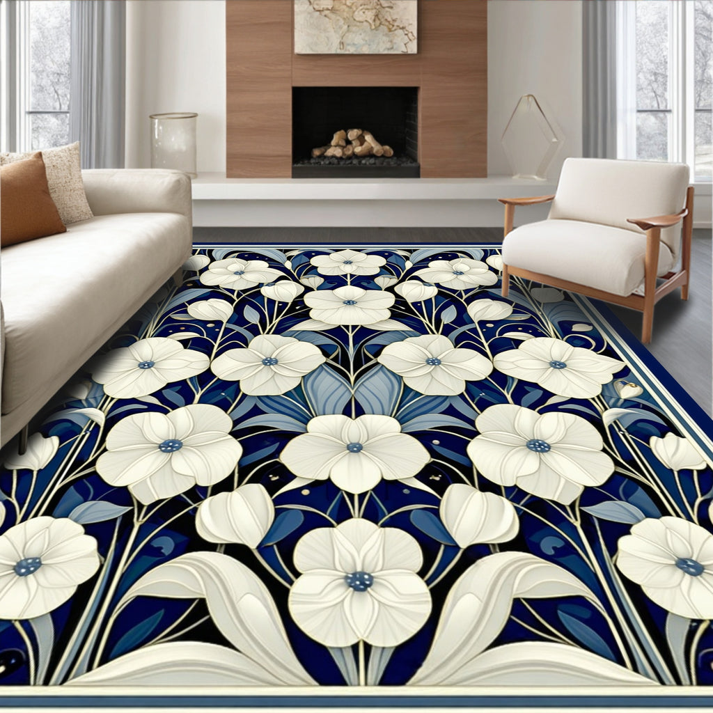 Art Nouveau Floral Indigo Pattern Rug