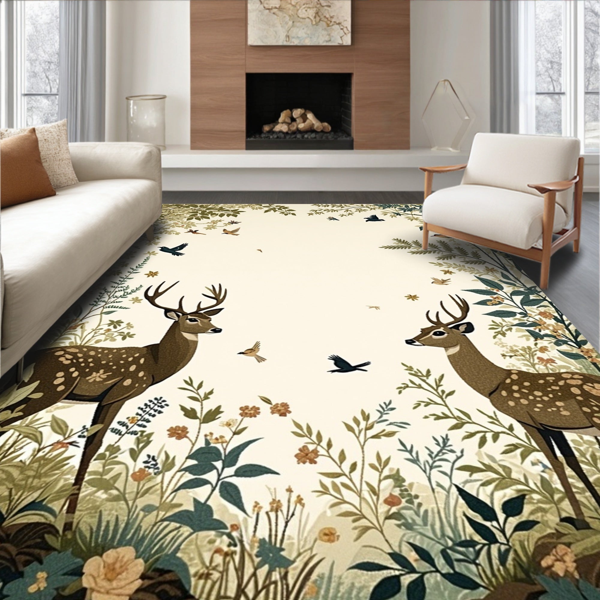 Woodland Deer And Birds Botanical Print Rug