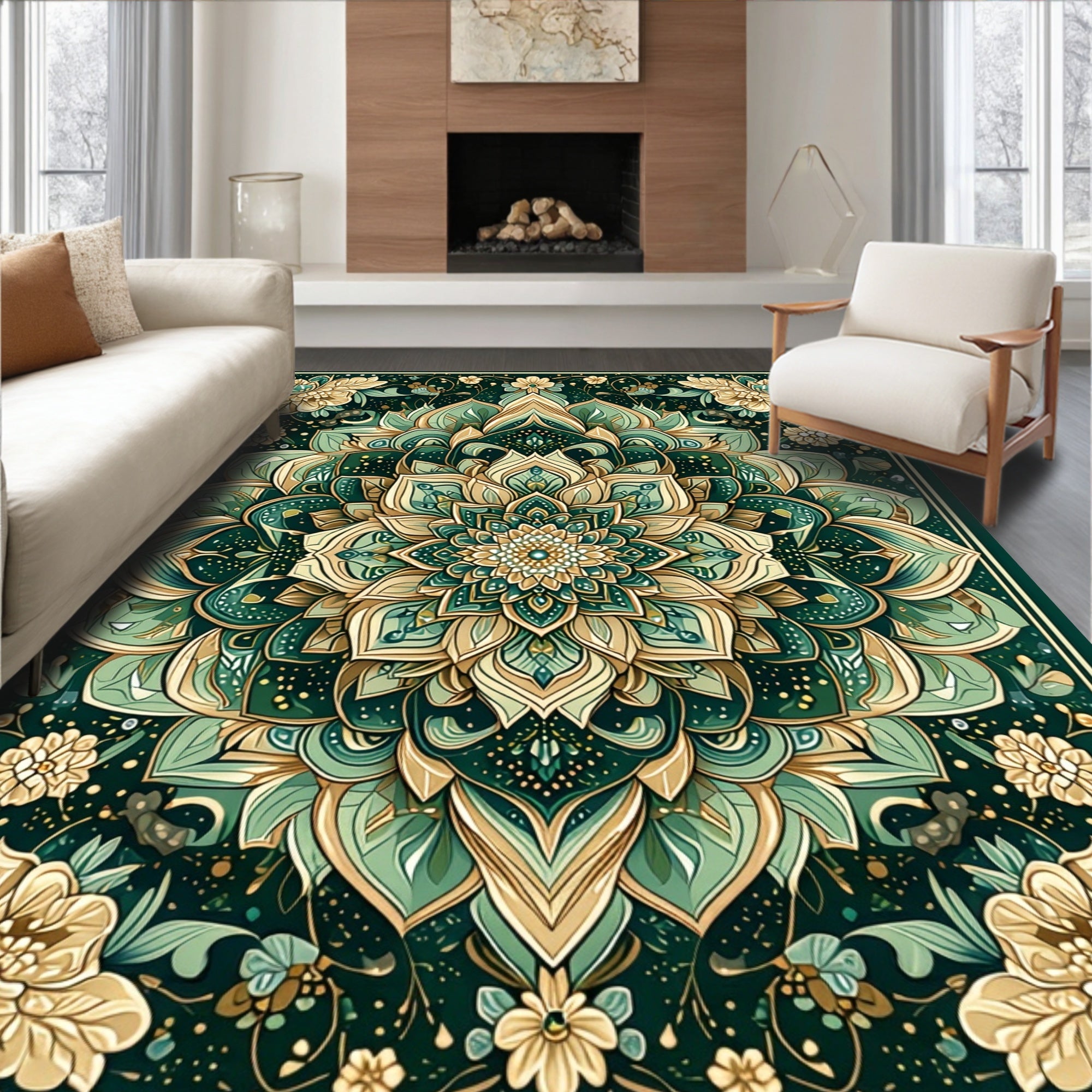 Emerald Gold Floral Mandala Design Rug