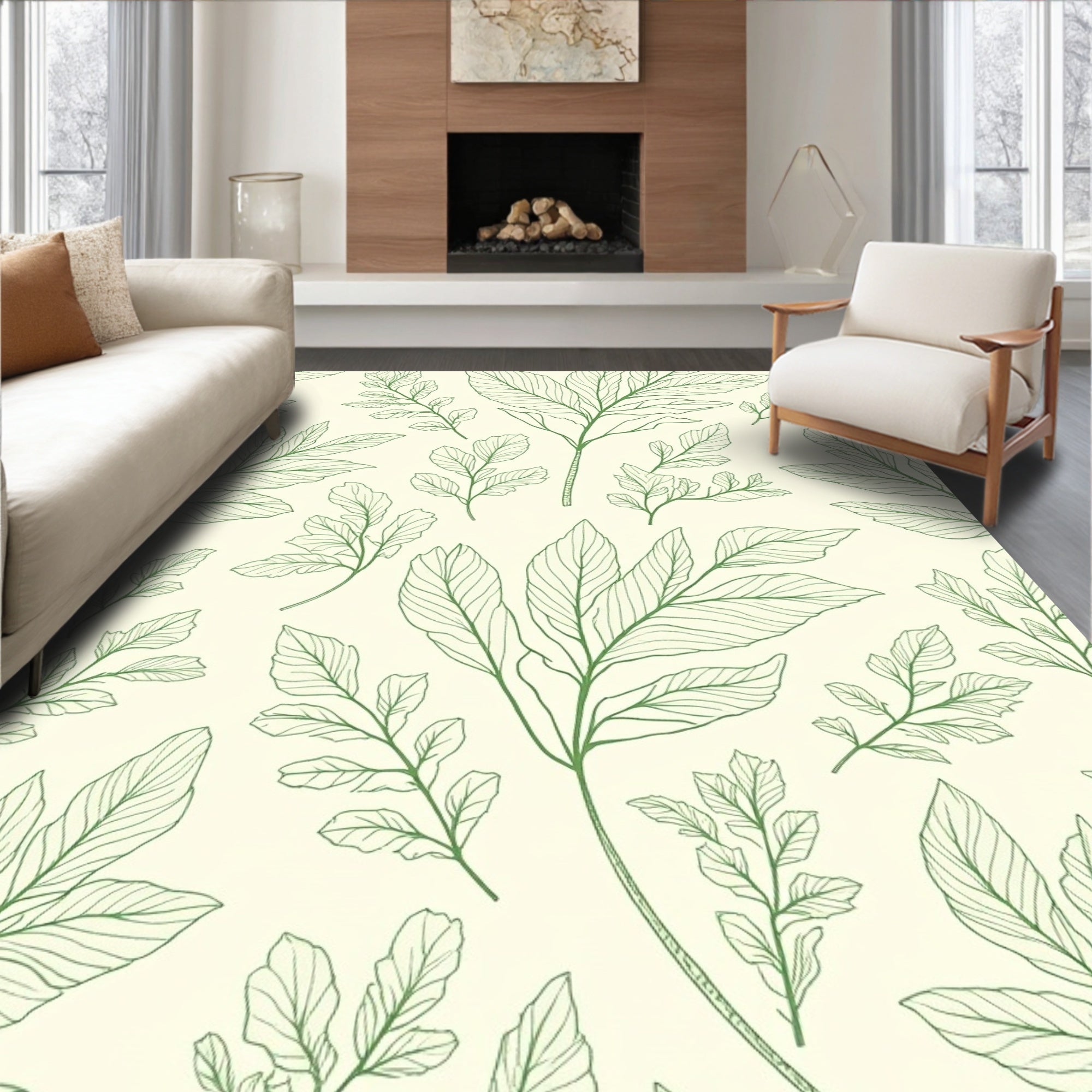 Green Leafy Branch Pattern Rug
