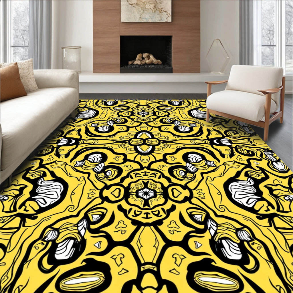 Symmetrical Yellow Black Floral Pattern Design Rug
