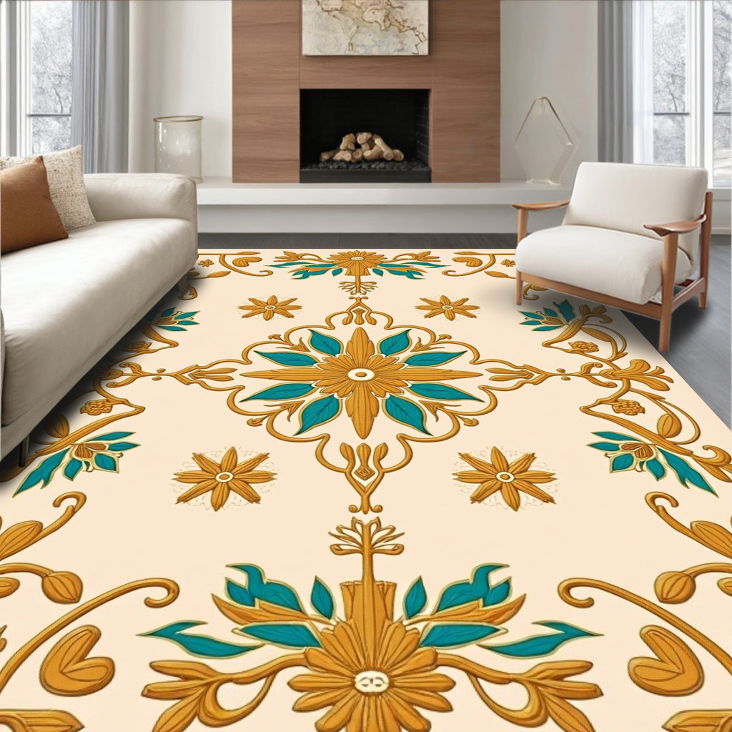 Gold Teal Floral Ornament Pattern Rug