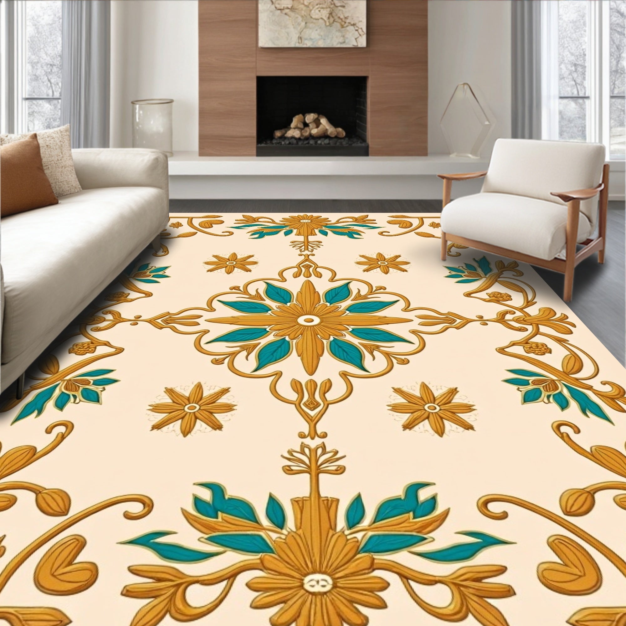 Gold Teal Floral Ornament Pattern Rug
