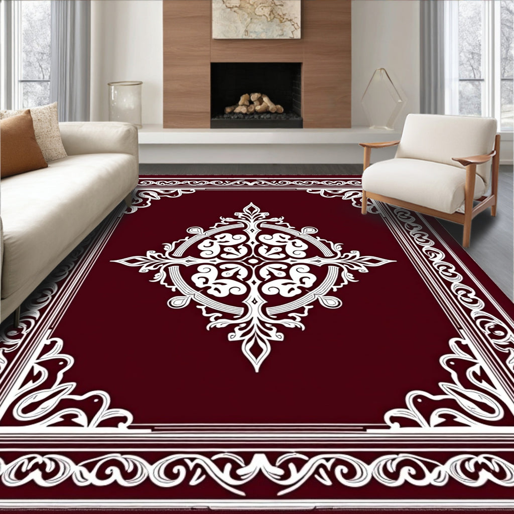 Maroon White Ornamental Floral Medallion Rug