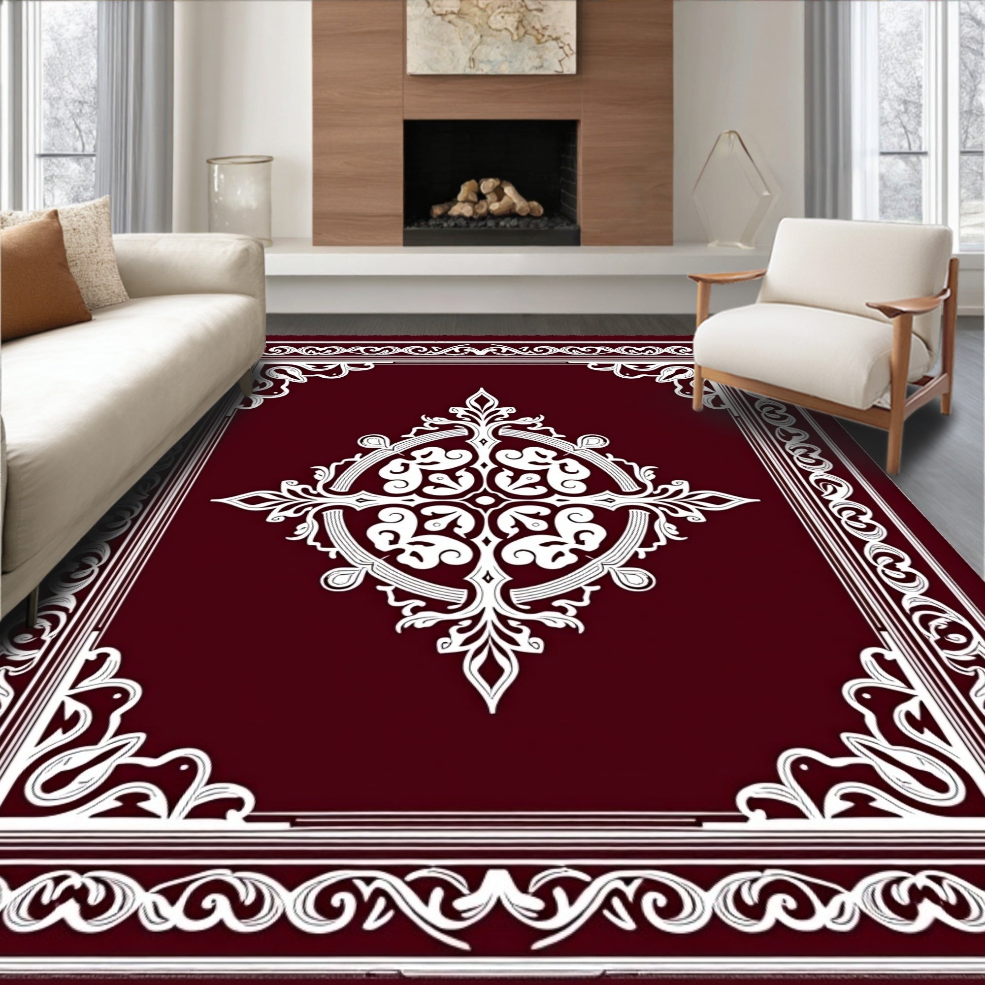 Maroon White Ornamental Floral Medallion Rug
