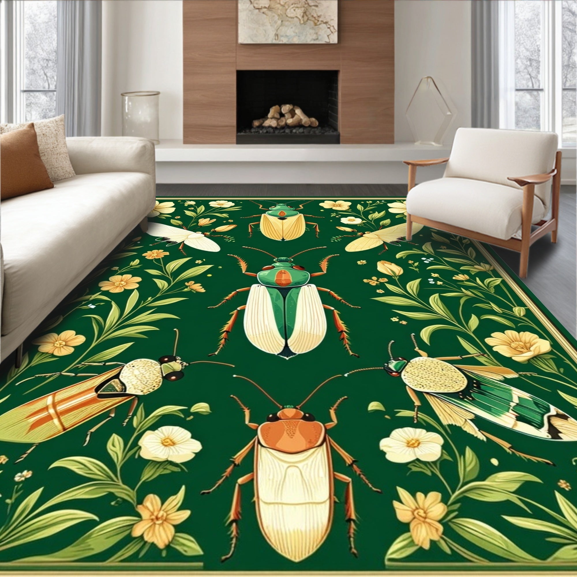 Vintage Insects Floral Botanical Pattern Rug
