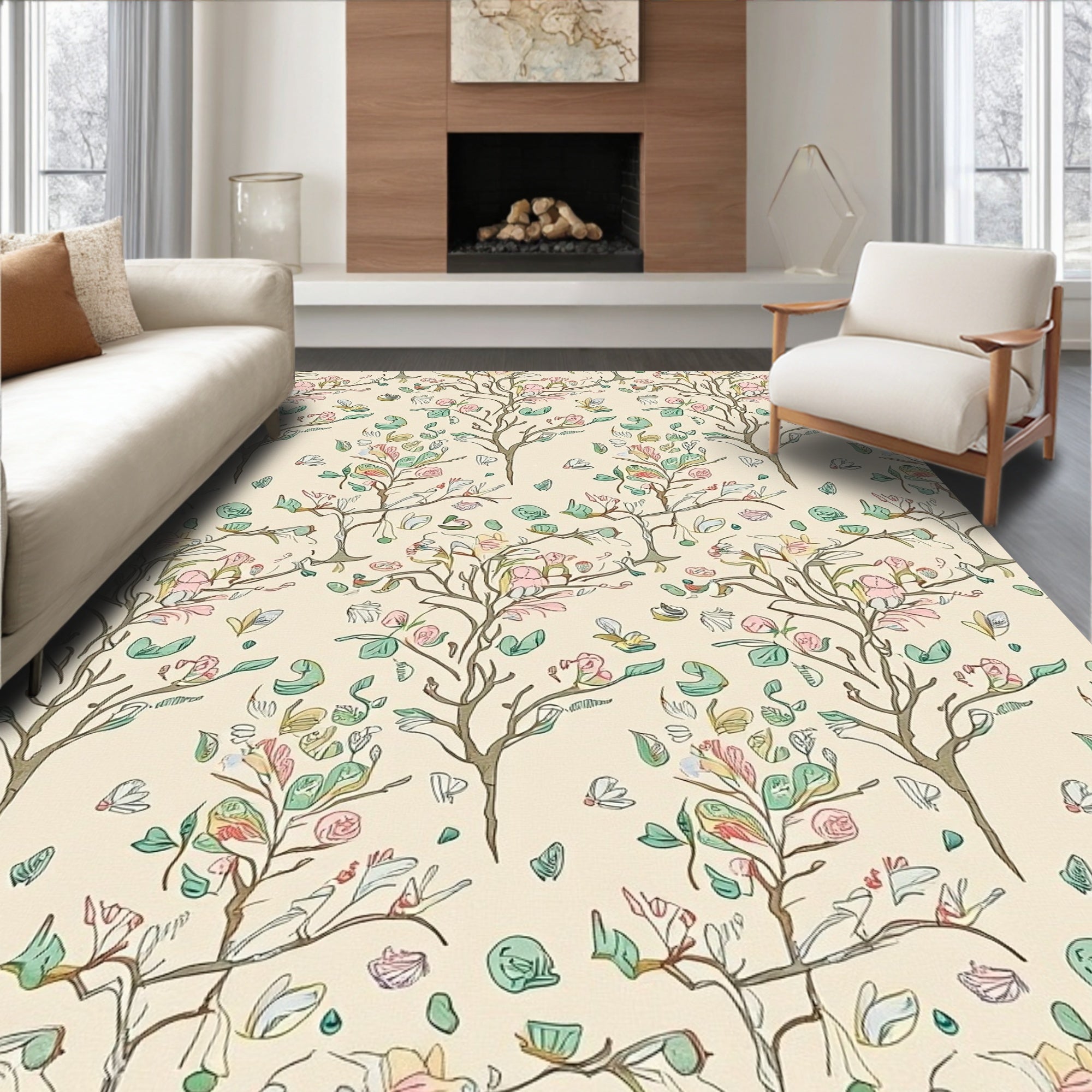 Whimsical Tree Flower Sketch Pattern Rug