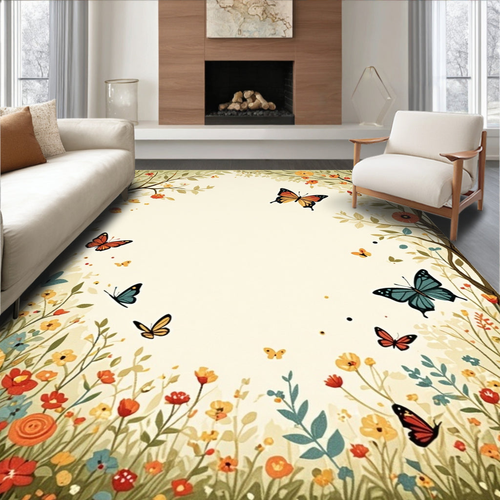 Whimsical Butterflies Floral Meadow Rug