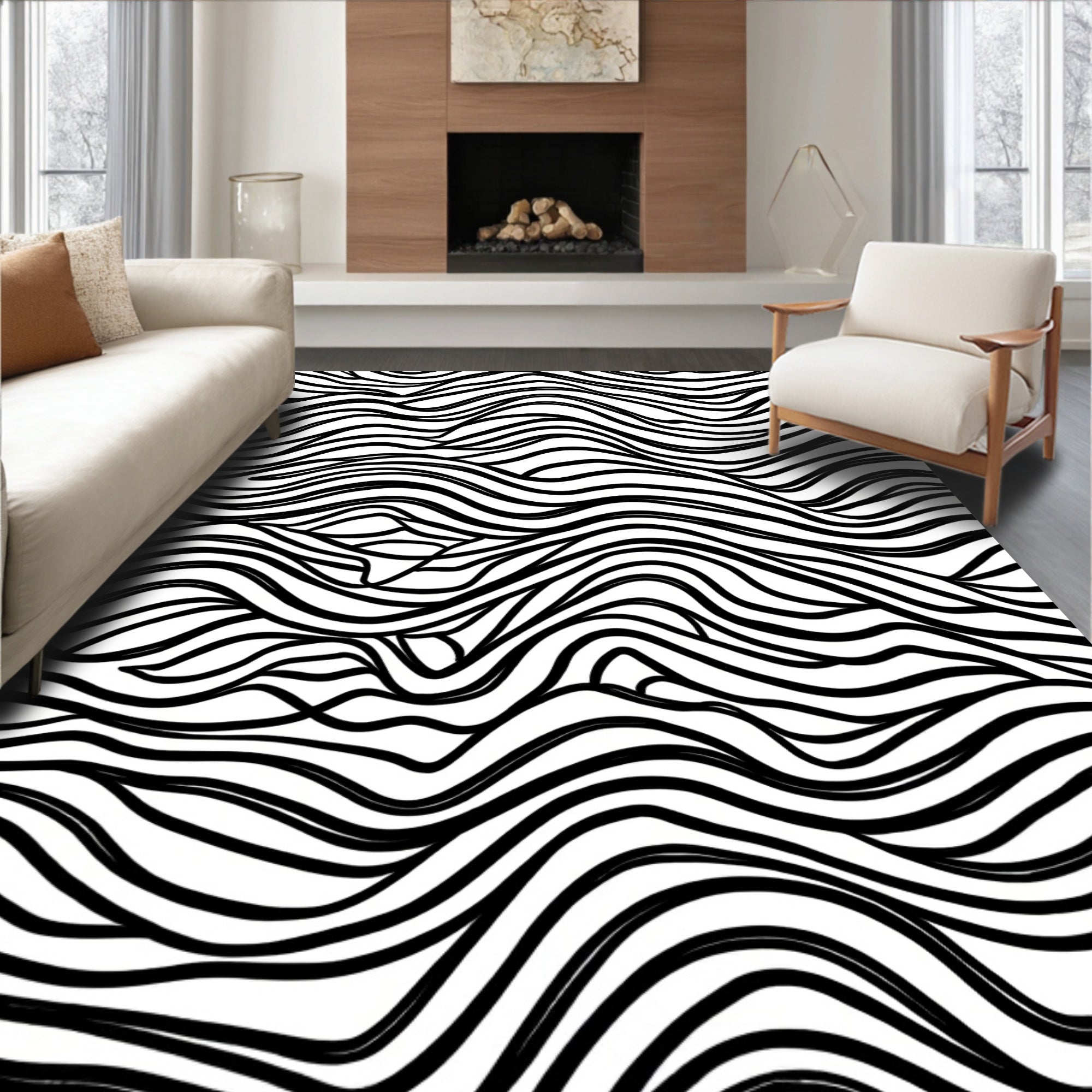 Abstract Black White Wavy Lines Pattern Rug