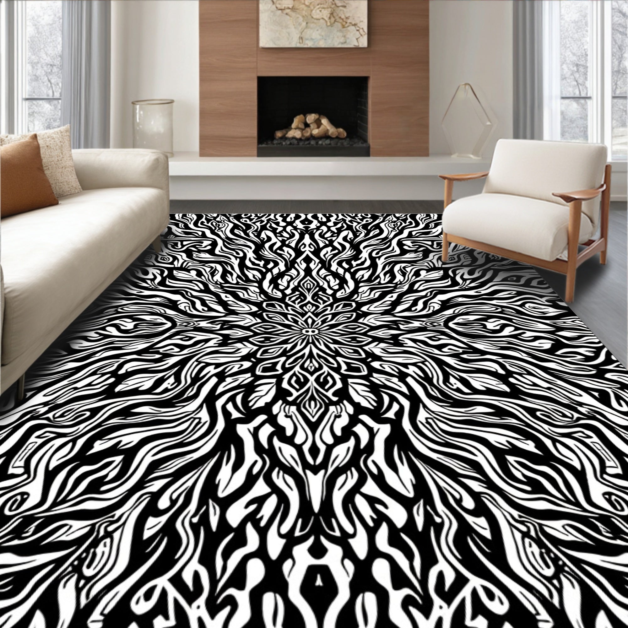 Abstract Black White Stripe Mandala Rug