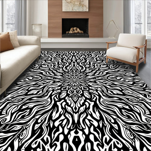 Abstract Black White Stripe Mandala Rug
